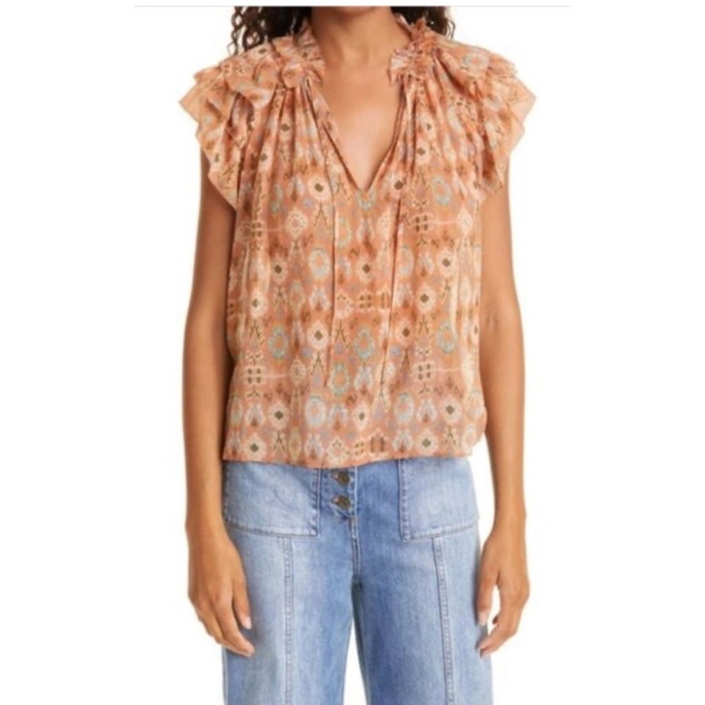 Ulla Johnson Peach Patterned Ruffled Cap-Sleeve Blouse